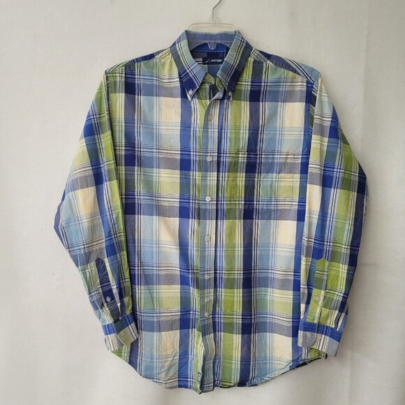 Jantzen Shirt Mens‎ M Green Blue Plaid Cotton Preppy Casual Office Long Sleeve - Picture 1 of 14